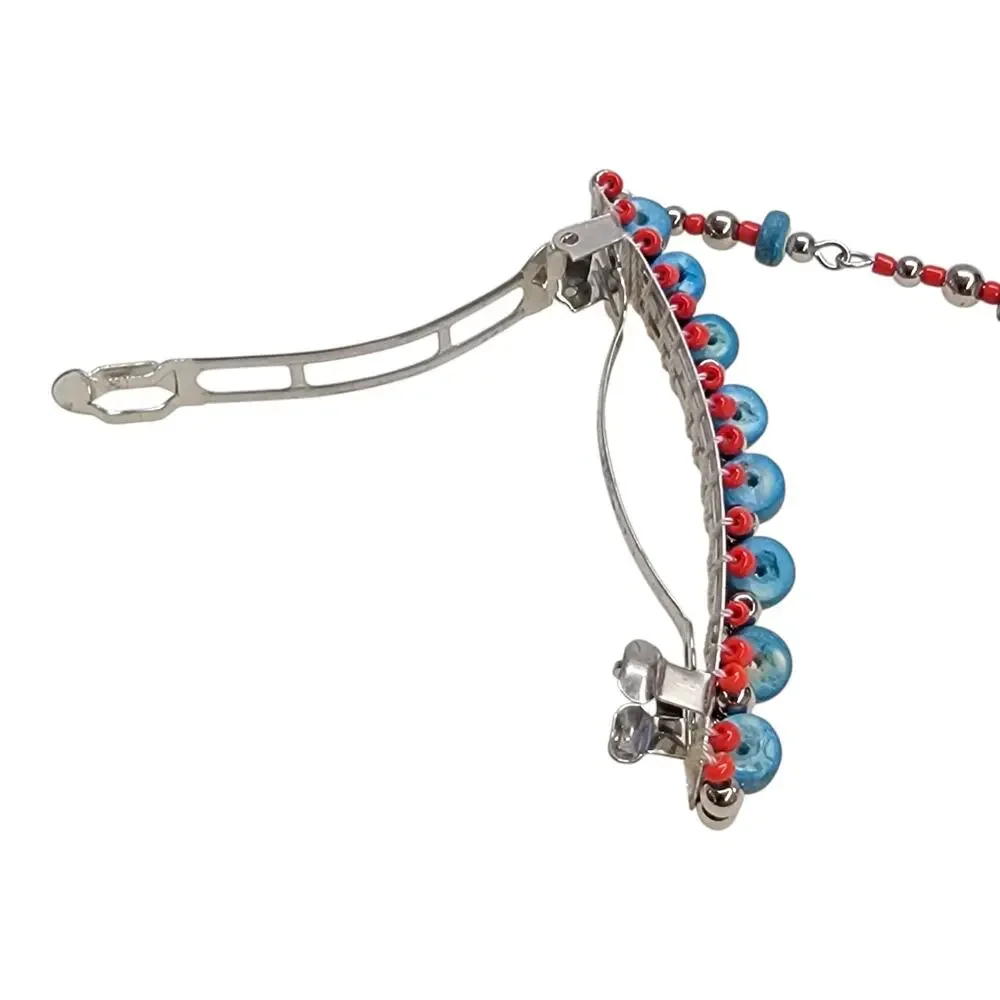 Vintage Southwestern Beaded Hair Clip Barrette Dangle Chain Sunburst Charm